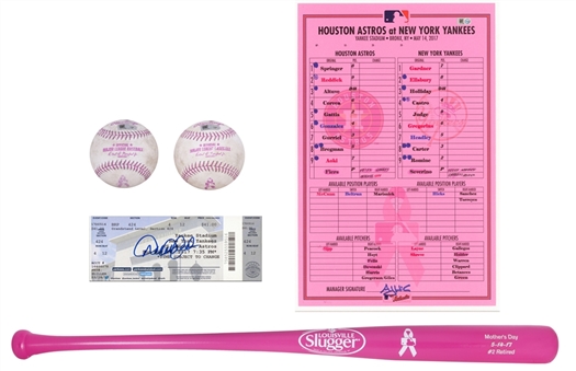Derek Jeter Retirement Day 5-14-2017 Memorabilia Collection of (5) Items Including (2) Game Used Baseballs, Line Up Card, Pink Bat & Signed Full Ticket (MLB Authentication & Yankees-Steiner)